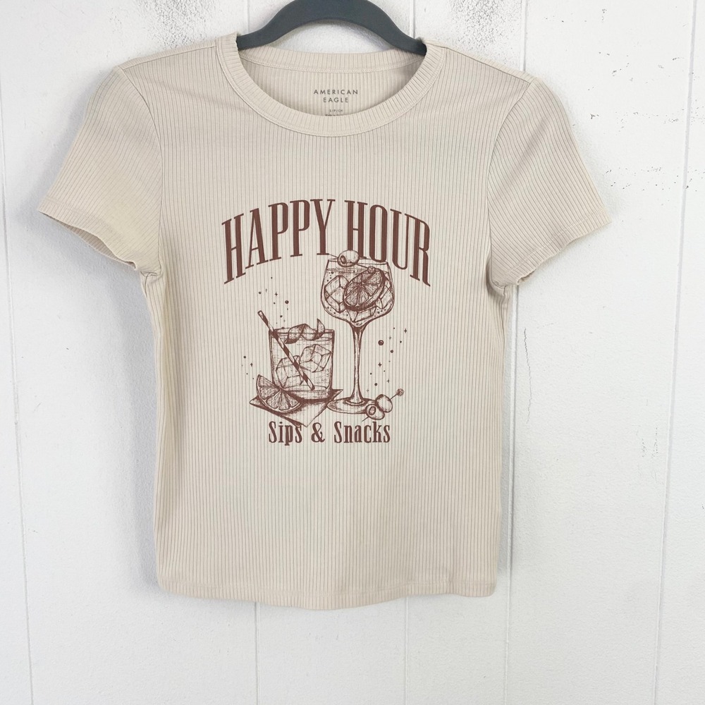 American Eagle Happy Hour Sips & Snacks Ribbed Graphic T-Shirt Beige Small